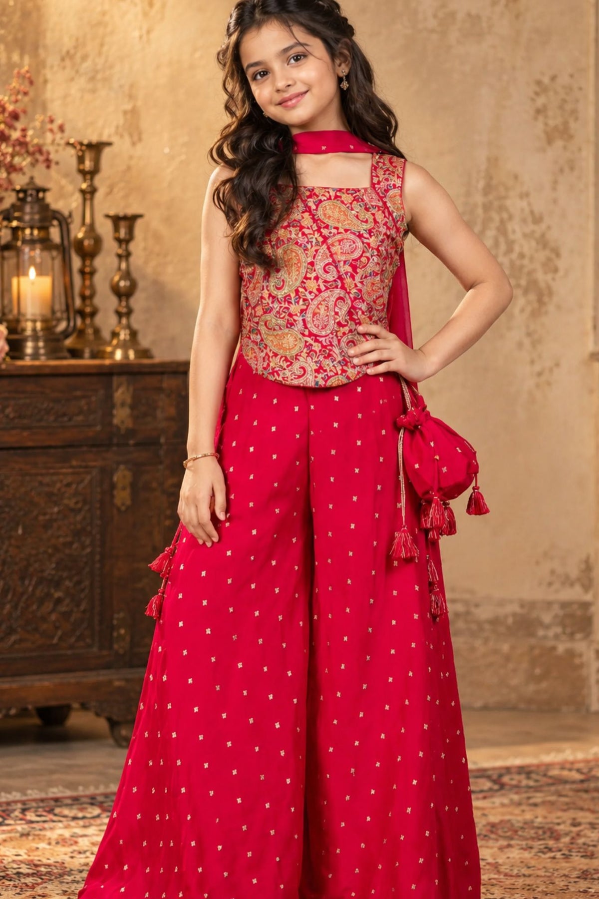 Rani Pink Embroidered Palazzo Set with Dupatta for Girls
