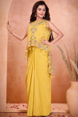 Yellow Embroidered Top With Draped Dhoti Skirt Set For Girls