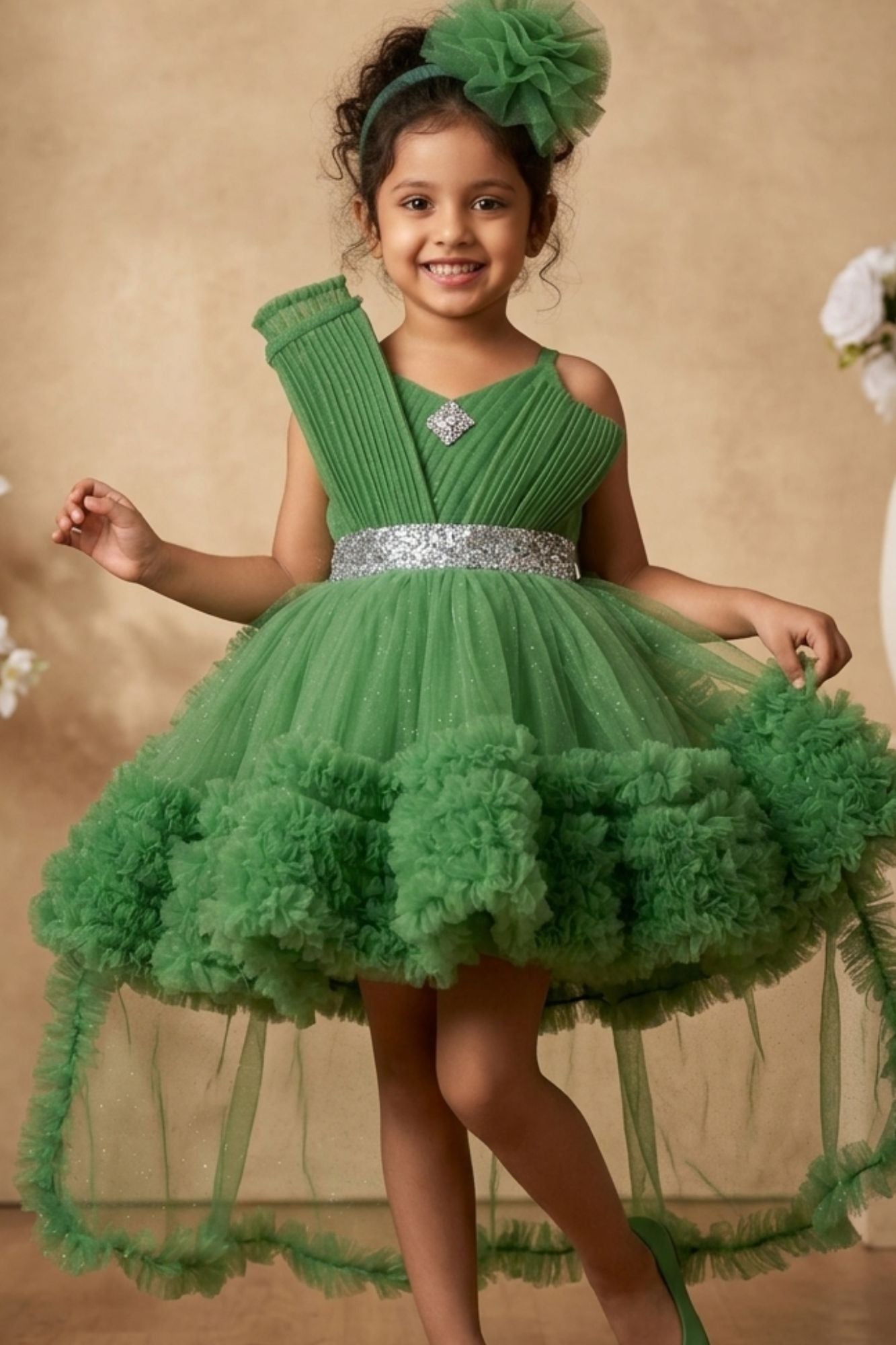 Green Ruffle Party Frock With Bow Embellishment For Girls