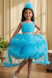 Girls Sky Blue High-Low Party Frock with Ruffled Layers And Embellished Waistbelt