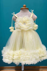 Lemon Yellow Ruffle Frock With Floral Embellished For Girls