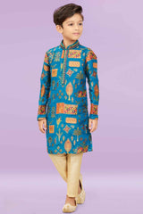 Teal Blue Kurta Set With Mirror Work And Printed For Boys