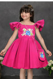 Fuchsia Pink Floral Embroidered Frock with Sling Bag For Girls