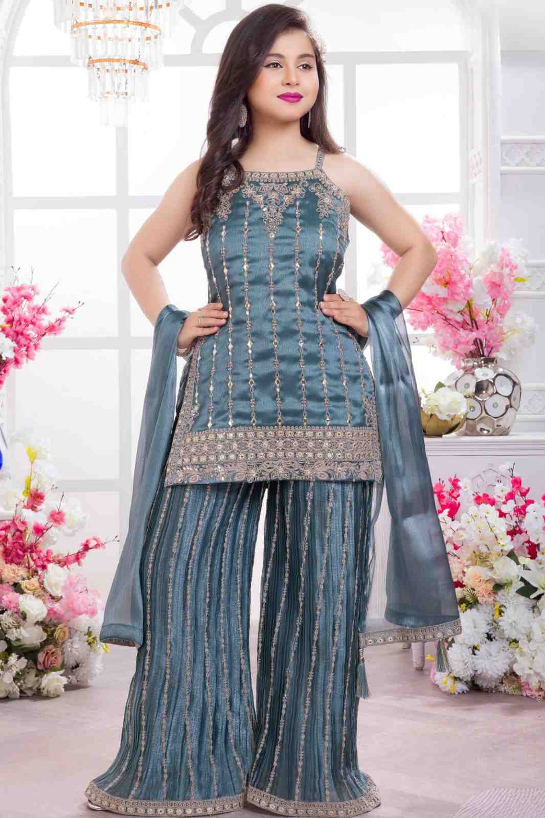Blue Designer Embroidered Palazzo Set For Girls