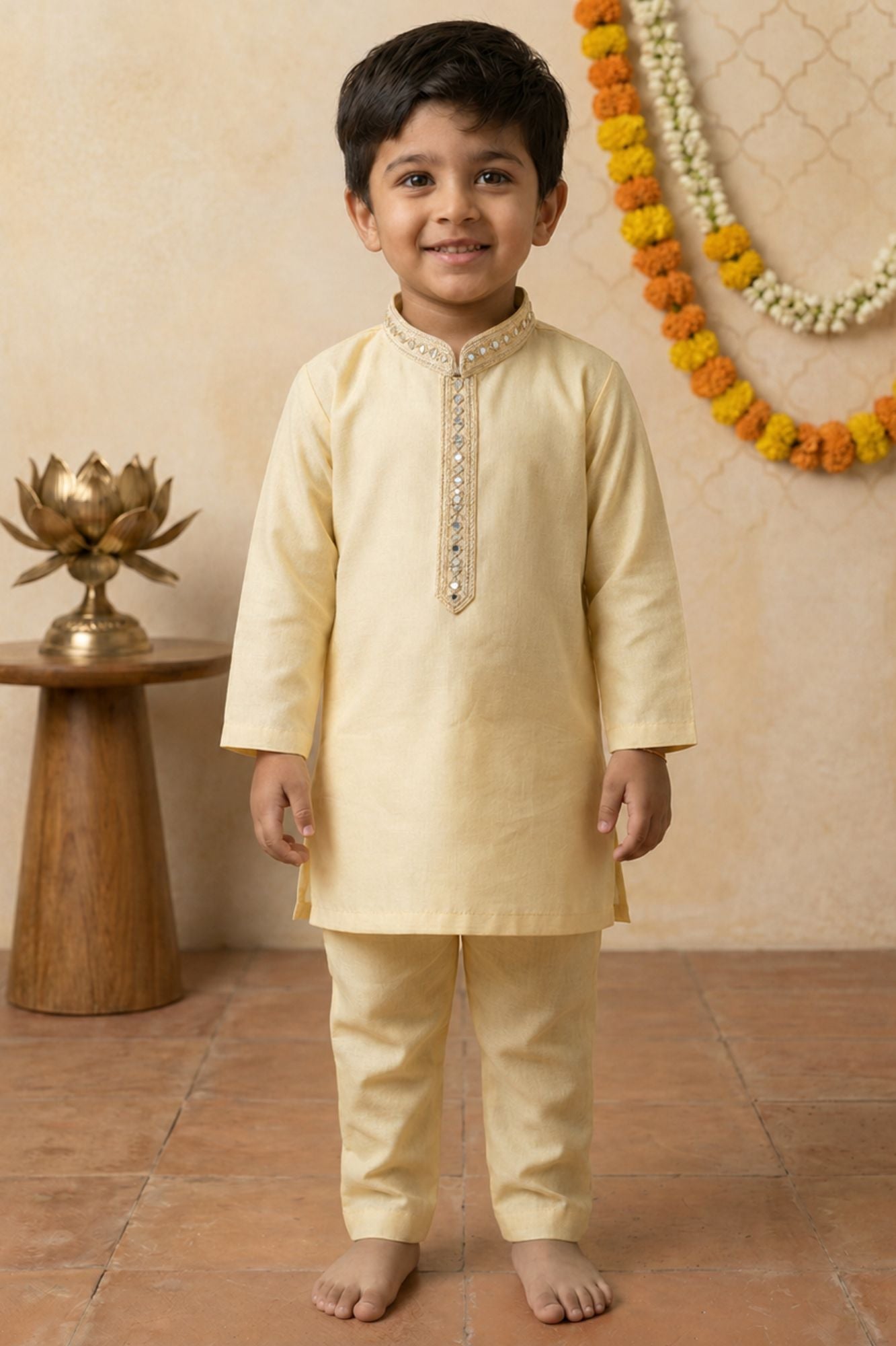 Yellow Embroidered Linen Kurta Set For Boys