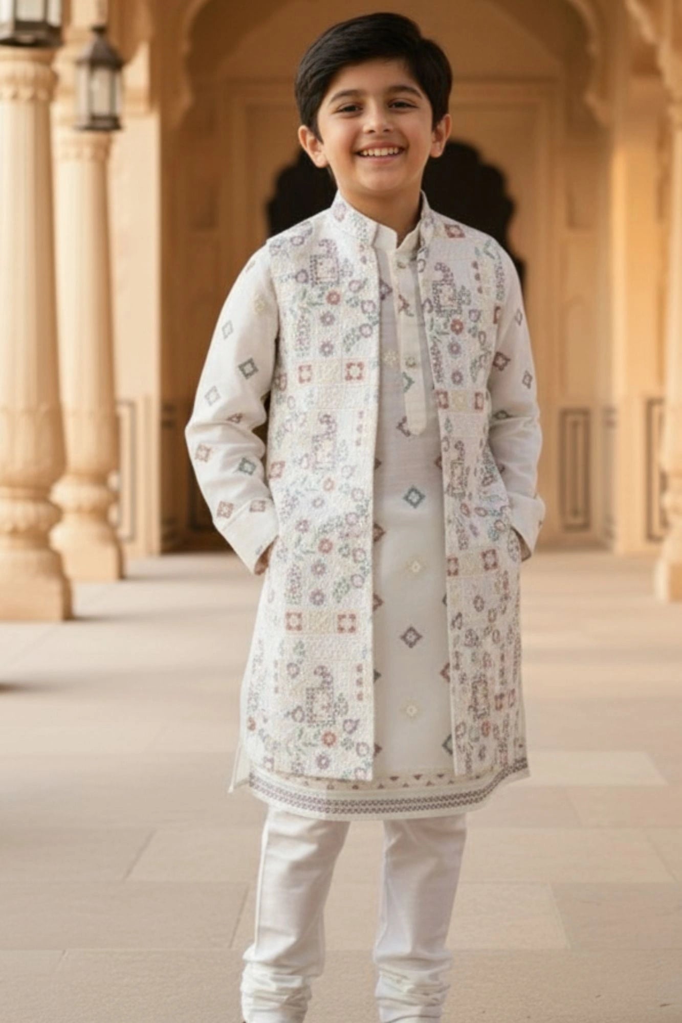Cream Embroidered Sherwani Set with Jacket For Boys