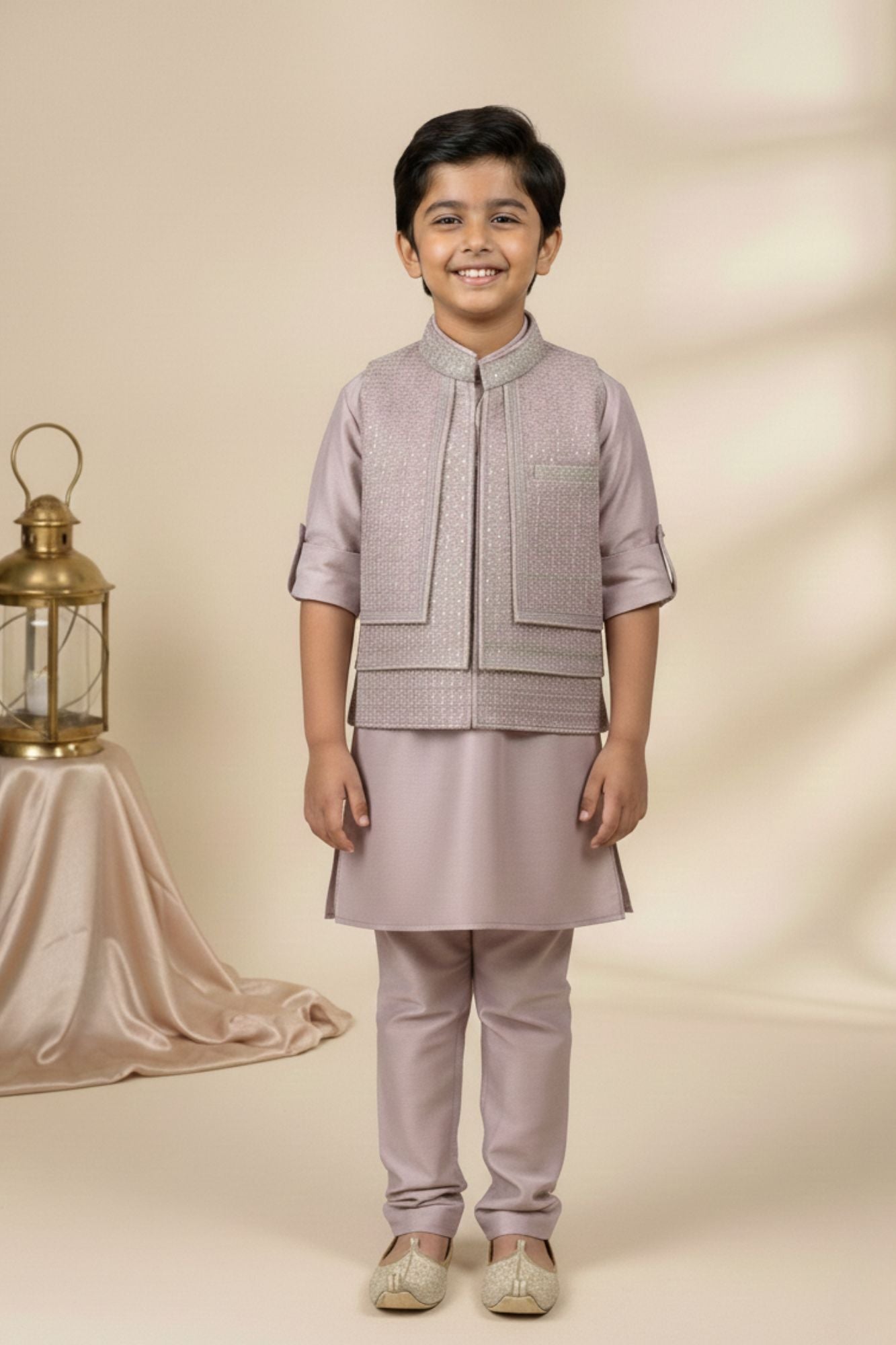 Onion Pink Embroidered Kurta Pajama Set with Ethnic Jacket for Boys
