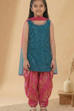 Teal Blue & Pink Seqiuns Embroidered Patiala Set with Dupatta For Girls