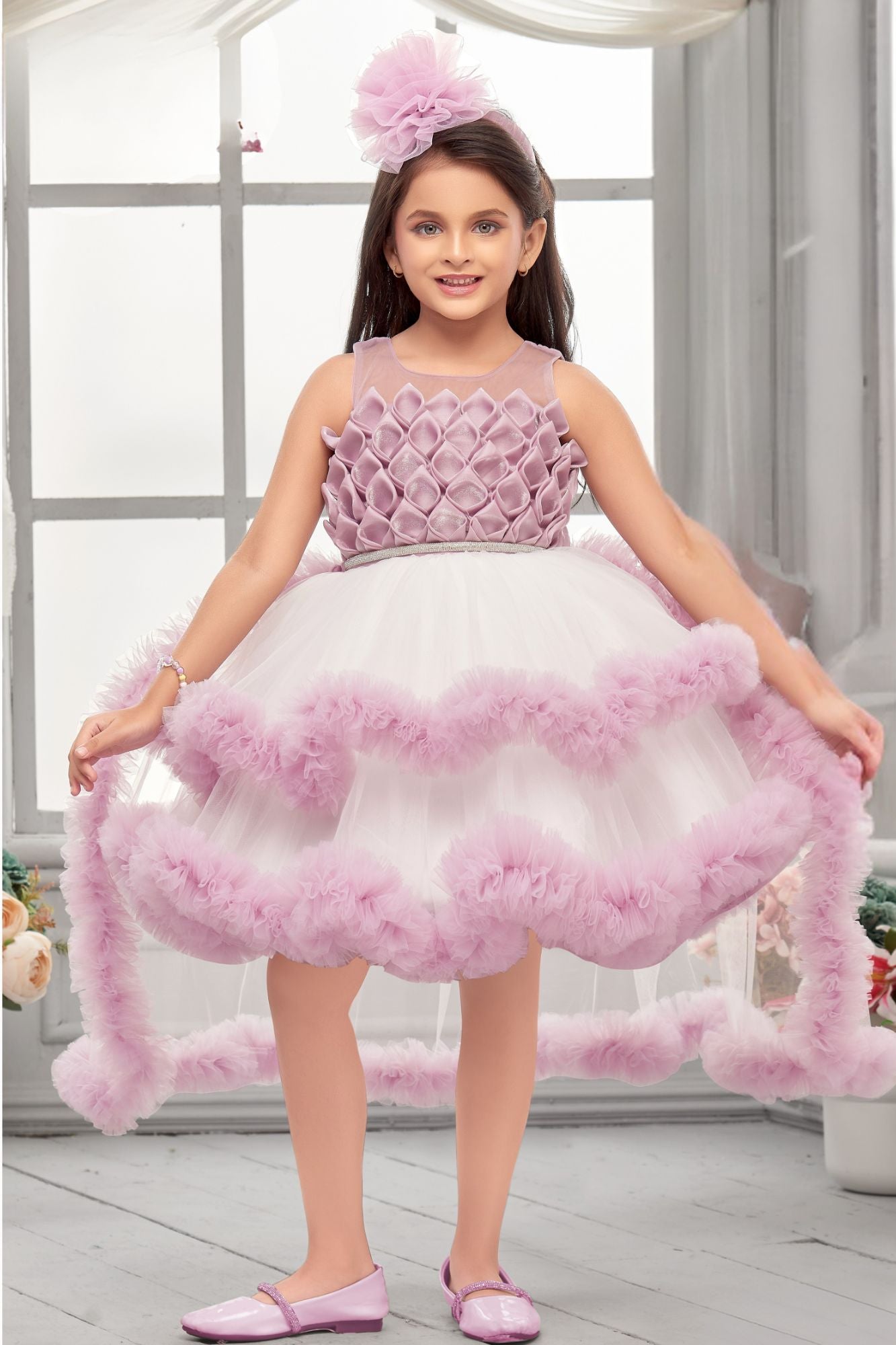Onion Pink High-Low Party Wear Tulle Frock with Ruffle Layers For Girls