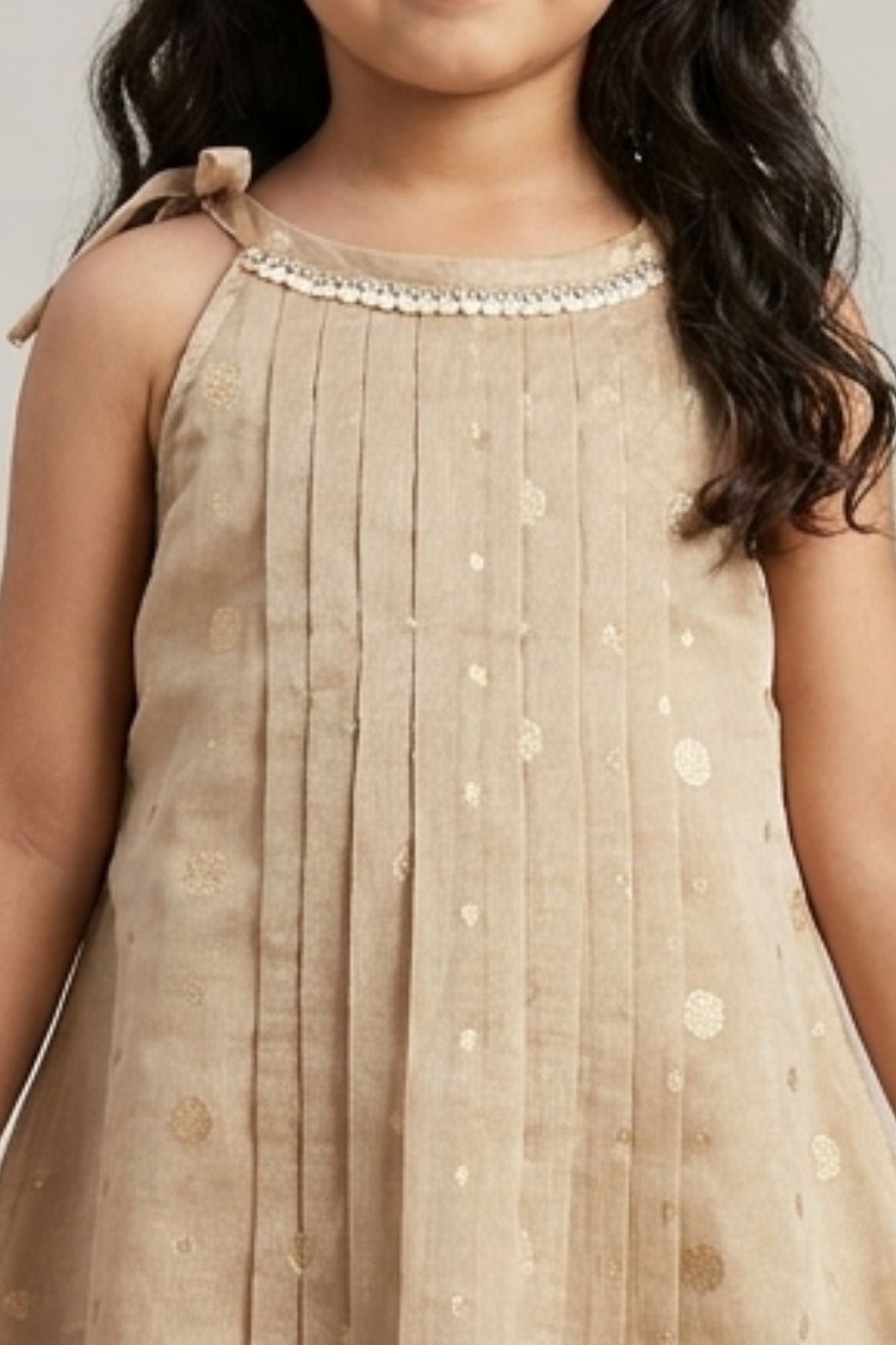 Girls Beige Sleeveless Dress with Pintuck Pleats