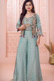 Designer Mint Green Embroidered Palazzo Set with Jacket For Girls