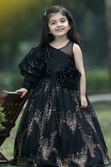 Black Gown With Sequin And Floral Embellished For Girls