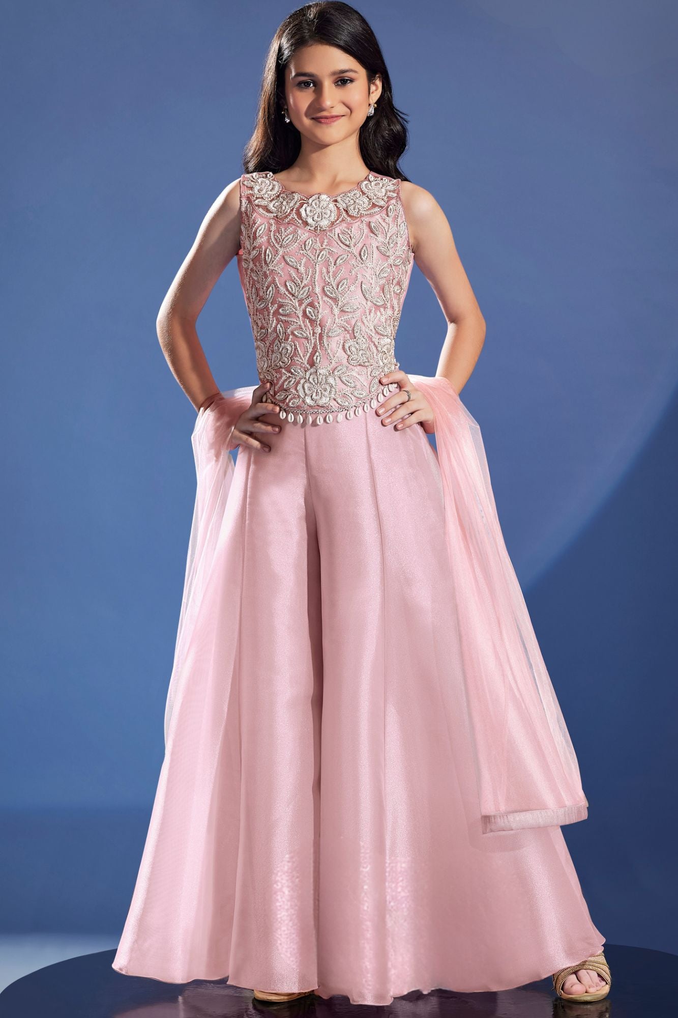 Girls Pink Embroidered Palazzo Set with Dupatta