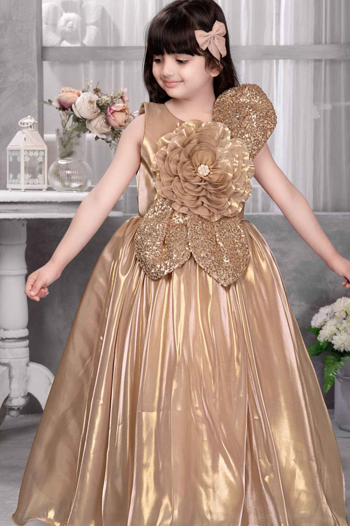Copper Brown Floral Embellished With Sequins Gown For Girls Lagorii Kids Copper Brown Floral Embellished With Sequins Gown For Girls Lagorii Kids