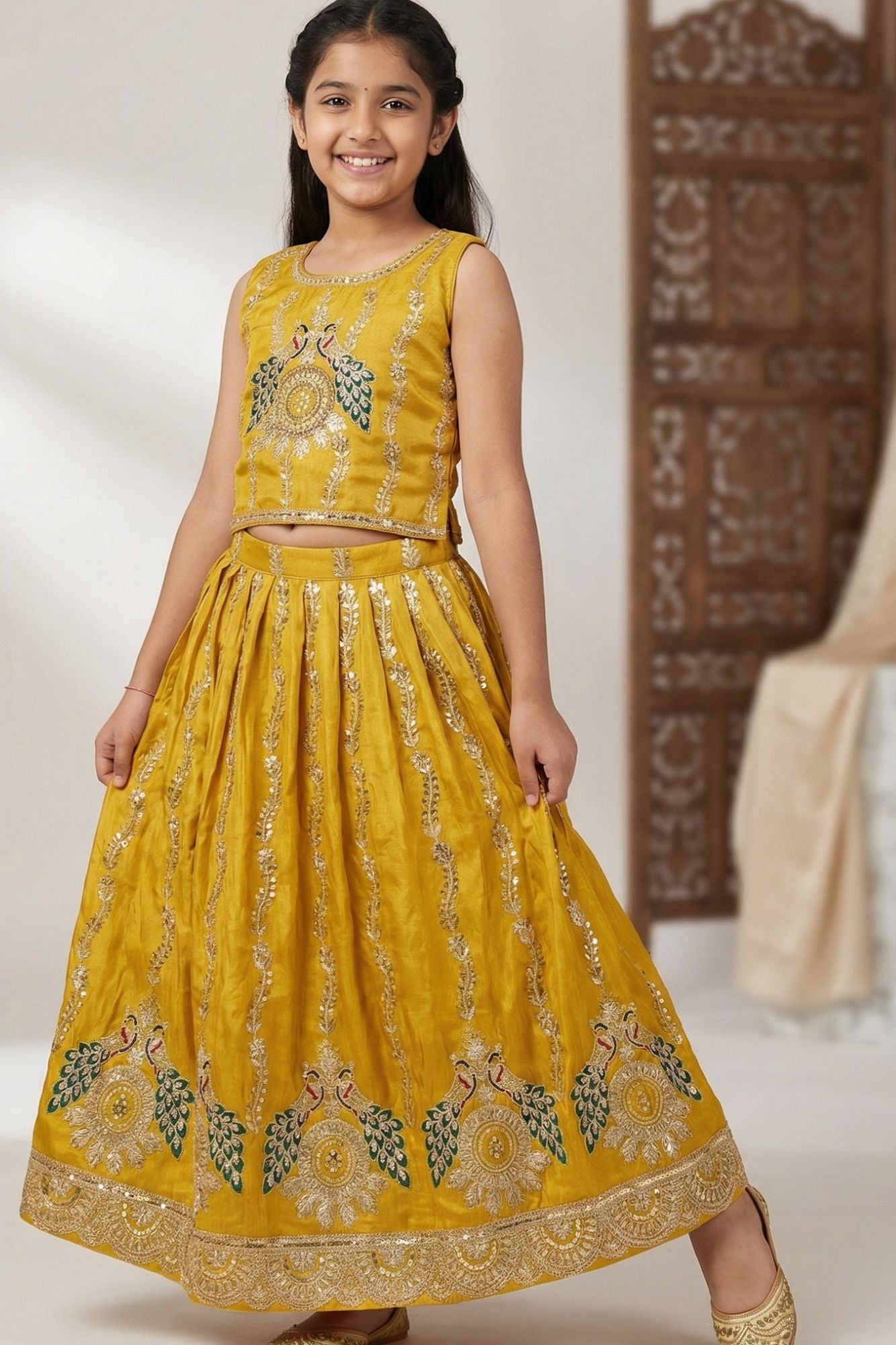 Mustard Yellow Peacock Embroidered Lehenga Choli for Girls