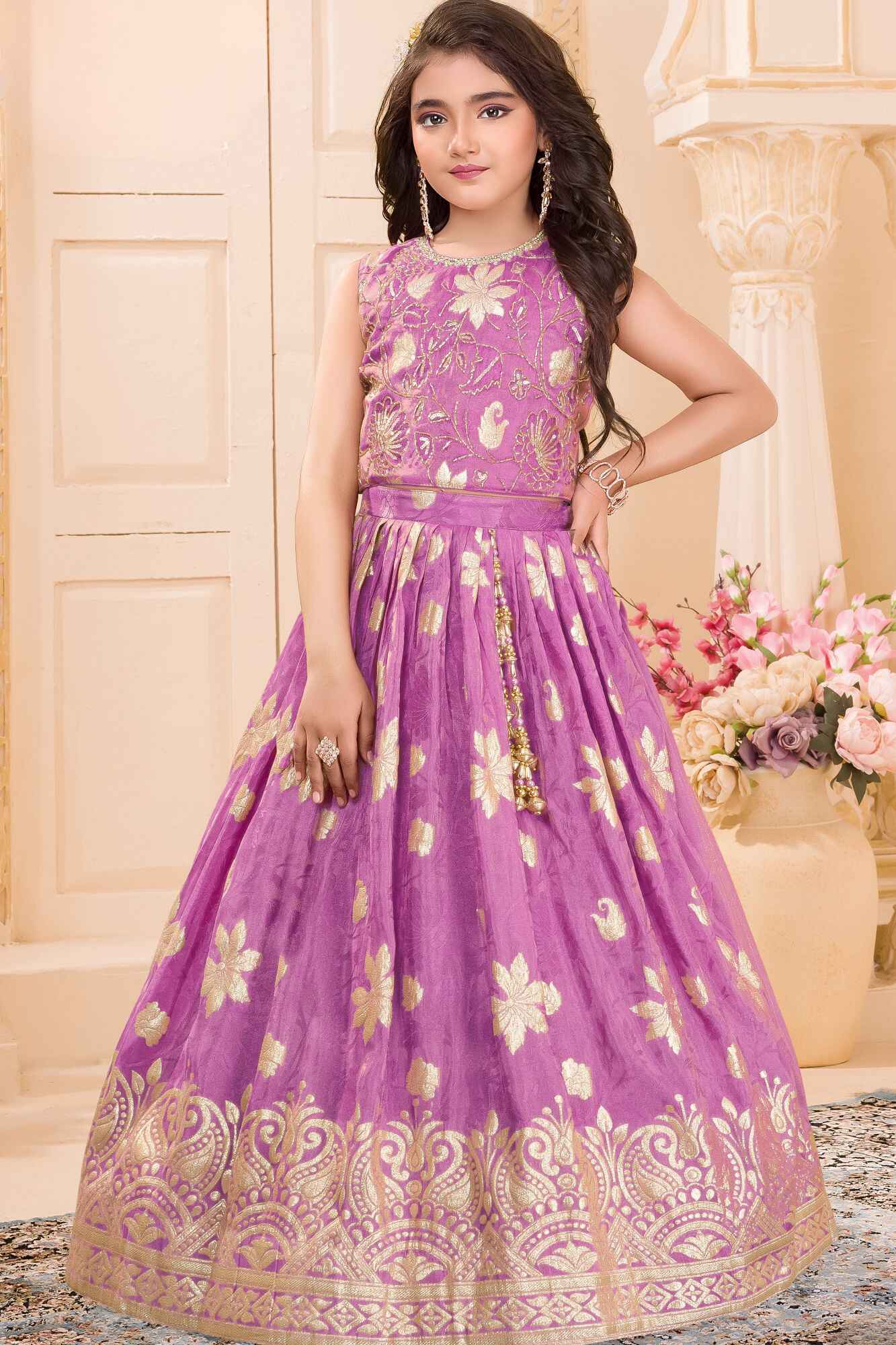 Lavender Silk Lehenga Choli with Gold Zari Motifs For Girls