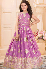 Lavender Silk Lehenga Choli with Gold Zari Motifs For Girls