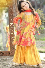 Mustard Printed And Sequin Sharara Set For Girls