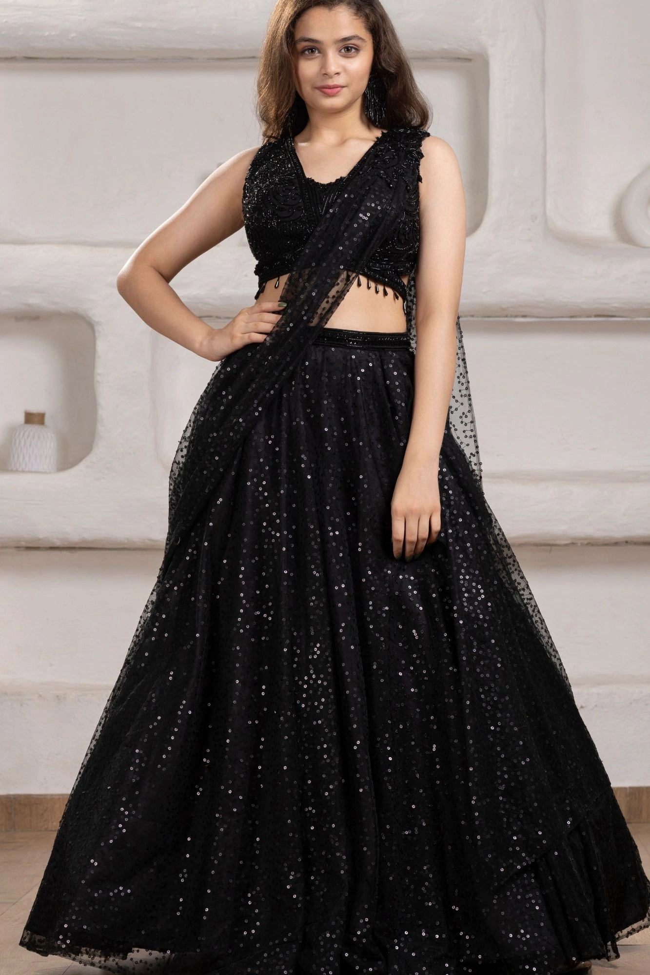 Black Sequin Embroidered Lehenga Set with Net Dupatta For Girls