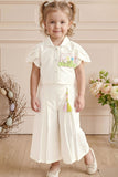 Girls Cream Pleated Co-Ord Set with Floral Patch Pocket