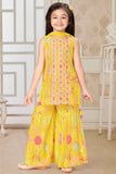 Mustard Sleeveless And Mirror Embroidery With Floral Printed Sharara Set For Girls