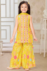 Mustard Sleeveless And Mirror Embroidery With Floral Printed Sharara Set For Girls