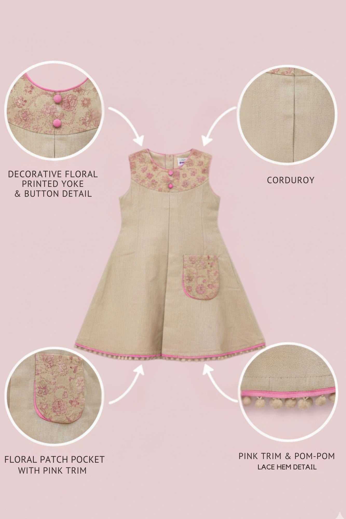 Beige Dress with Embroidered Yoke & Contrast Piping For Girls