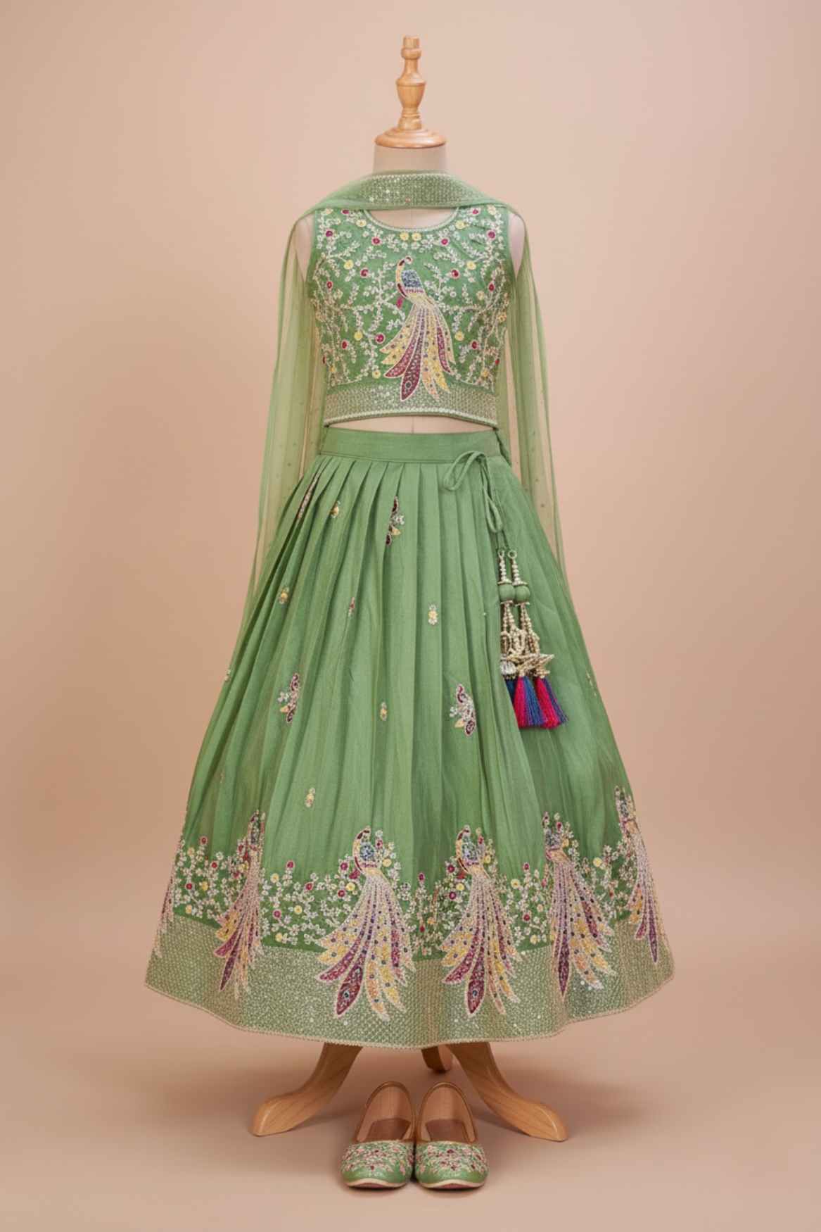 Pista Green Peacock Embroidered Lehenga Choli with Dupatta For Girls