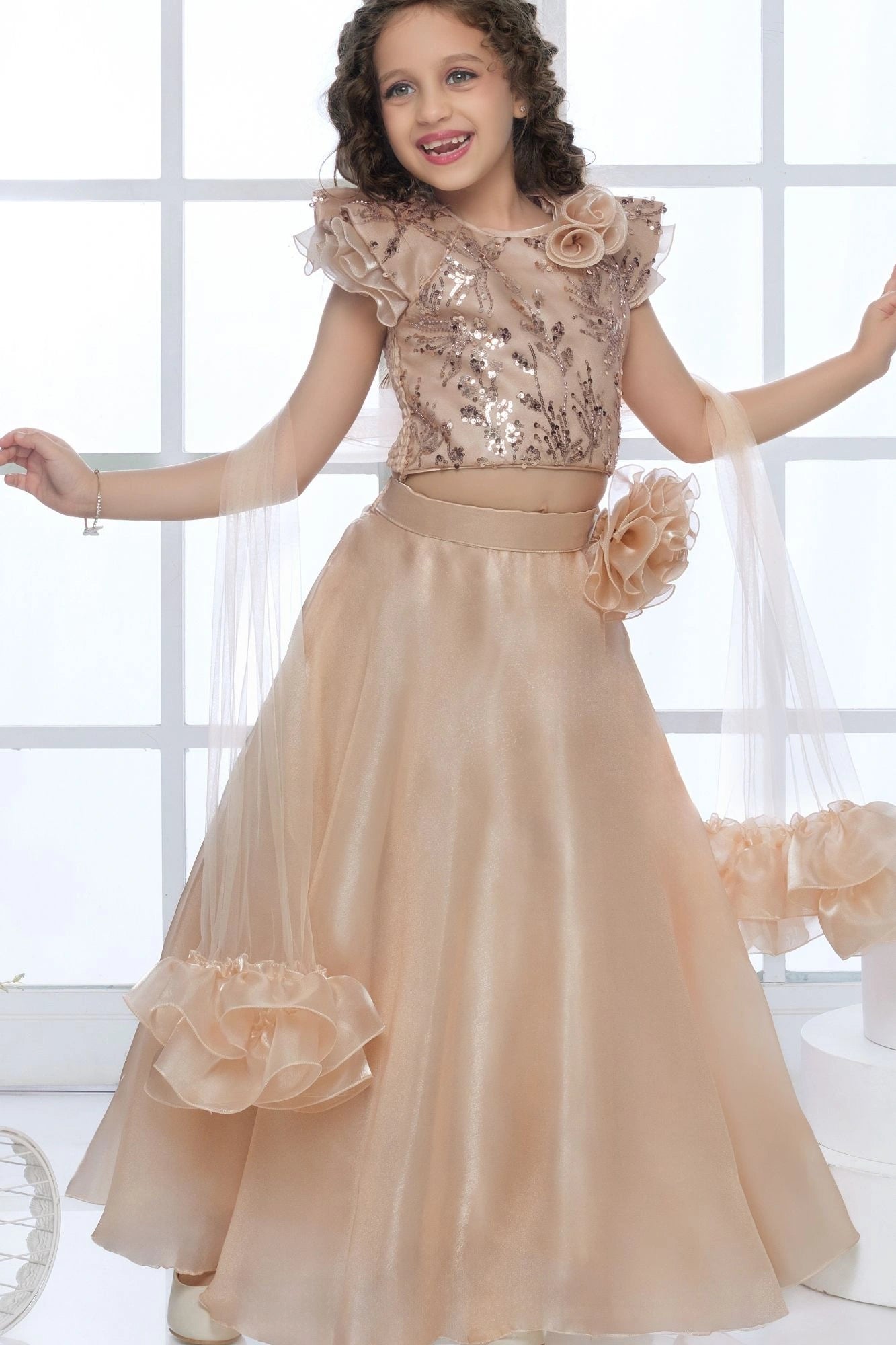 Golden Sequins Embroidered with 3D Floral Appliques Lehenga Set For Girls