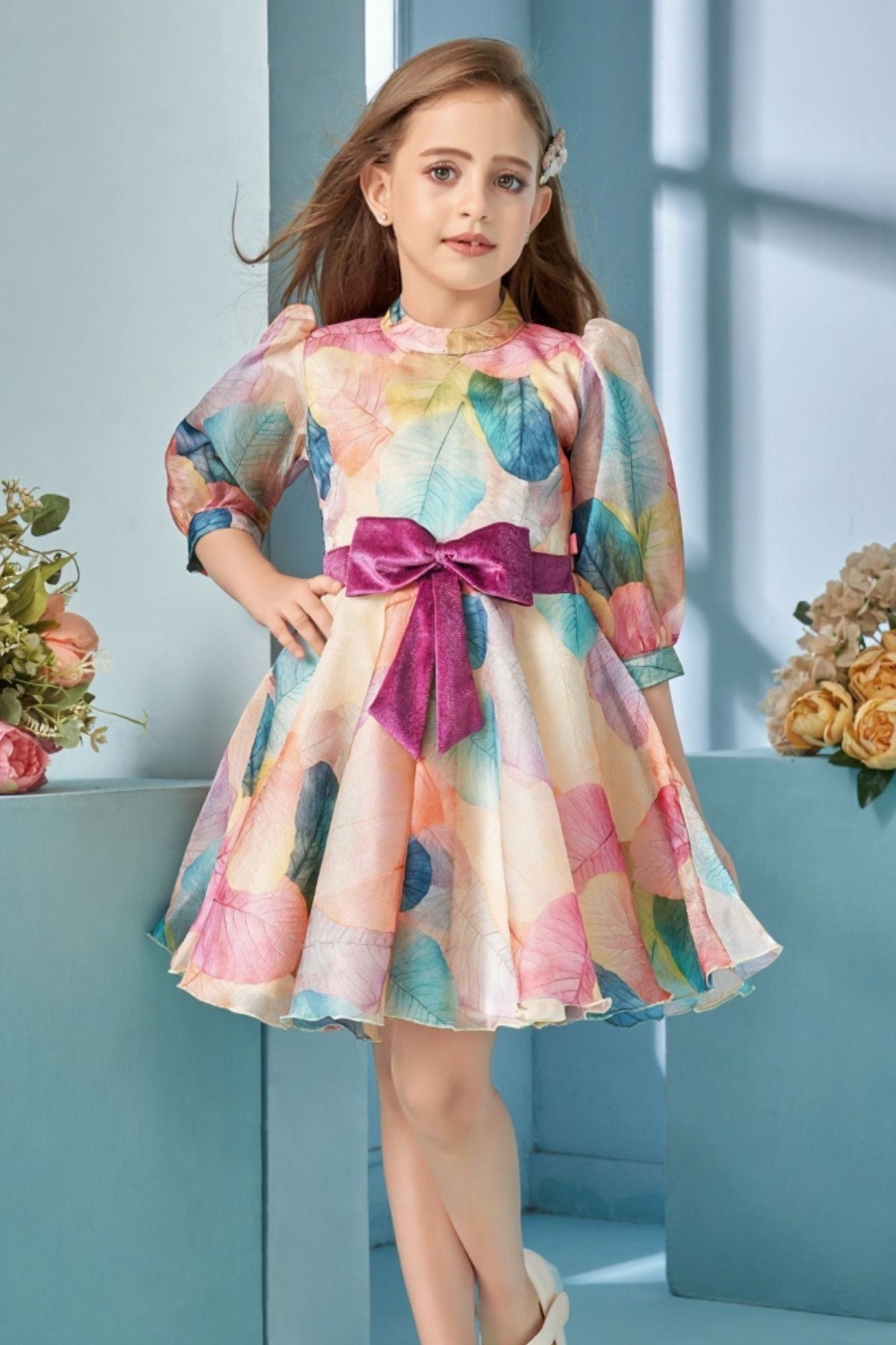 Multicolor Leaf Print Party Frock with Puff Sleeves and Contrast Bow For Girls