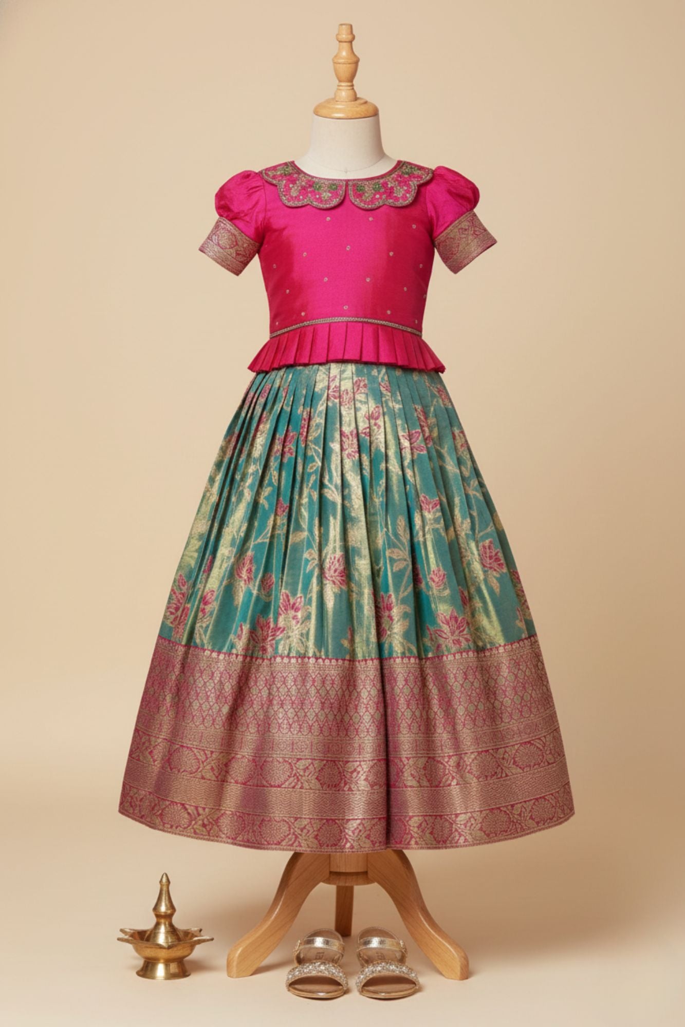 Rama Green Silk Pattu Pavadai with Pink Puff Sleeve Top For Girls