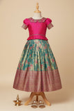 Rama Green Silk Pattu Pavadai with Pink Puff Sleeve Top For Girls
