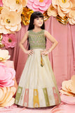 Pastel Green And Cream With Sequins Embroidery Pattu Pavadai Set For Girls