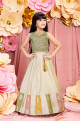 Pastel Green And Cream With Sequins Embroidery Pattu Pavadai Set For Girls
