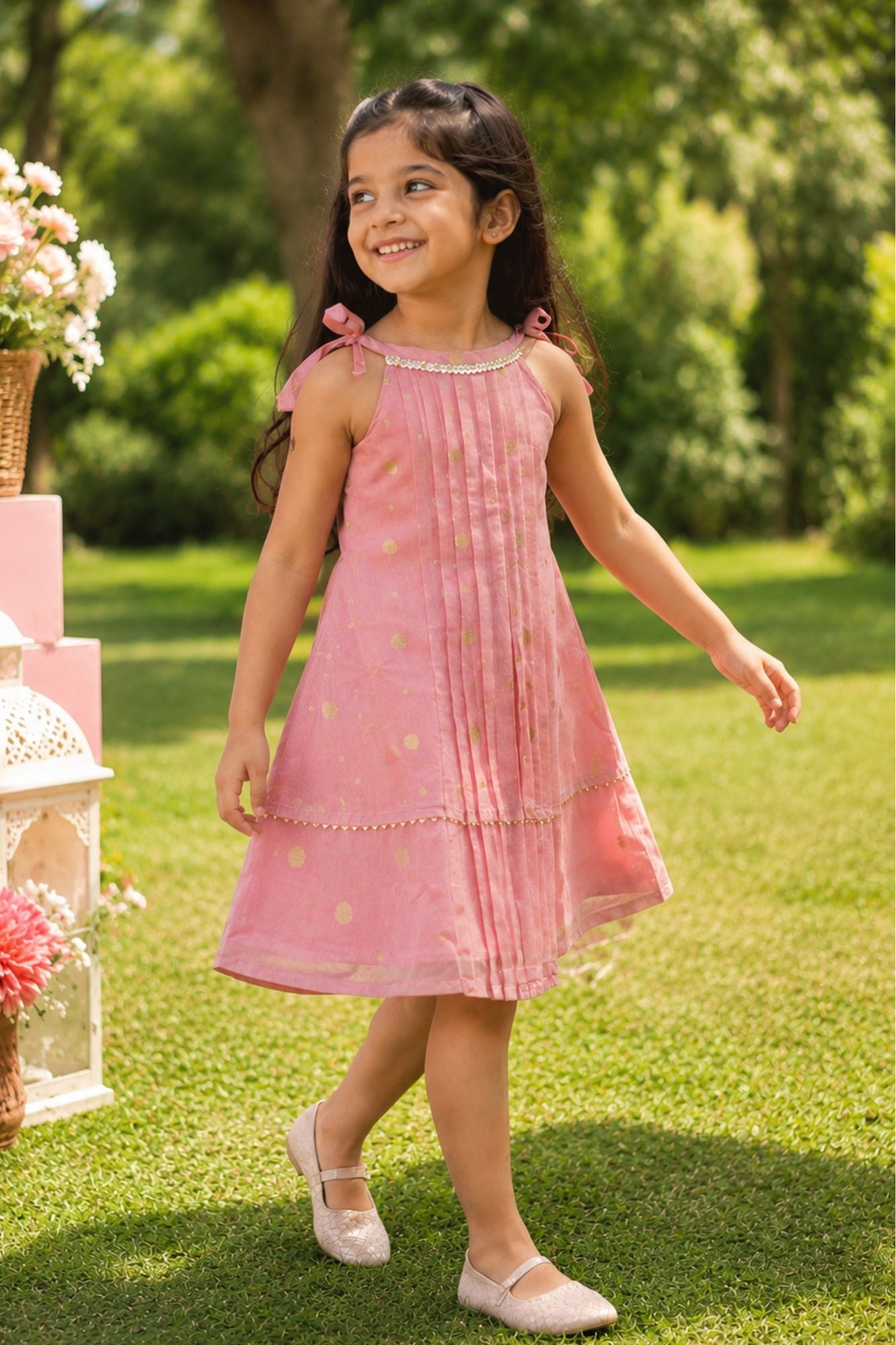 Girls Pink Sleeveless Dress with Pintuck Pleats
