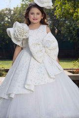 Luxe White Bow And Floral Embellished Party Wear Gown For Girls