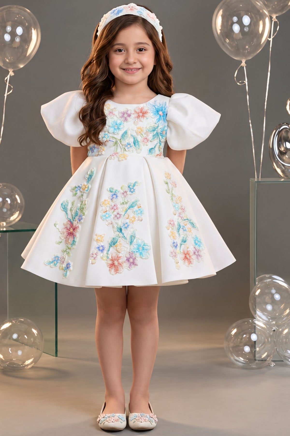 Girls White Floral Embellished Puff Sleeve Party Wear Frock