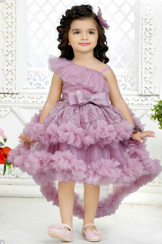 Onion Pink Ruffled Frock With Bow Embellished For Girls