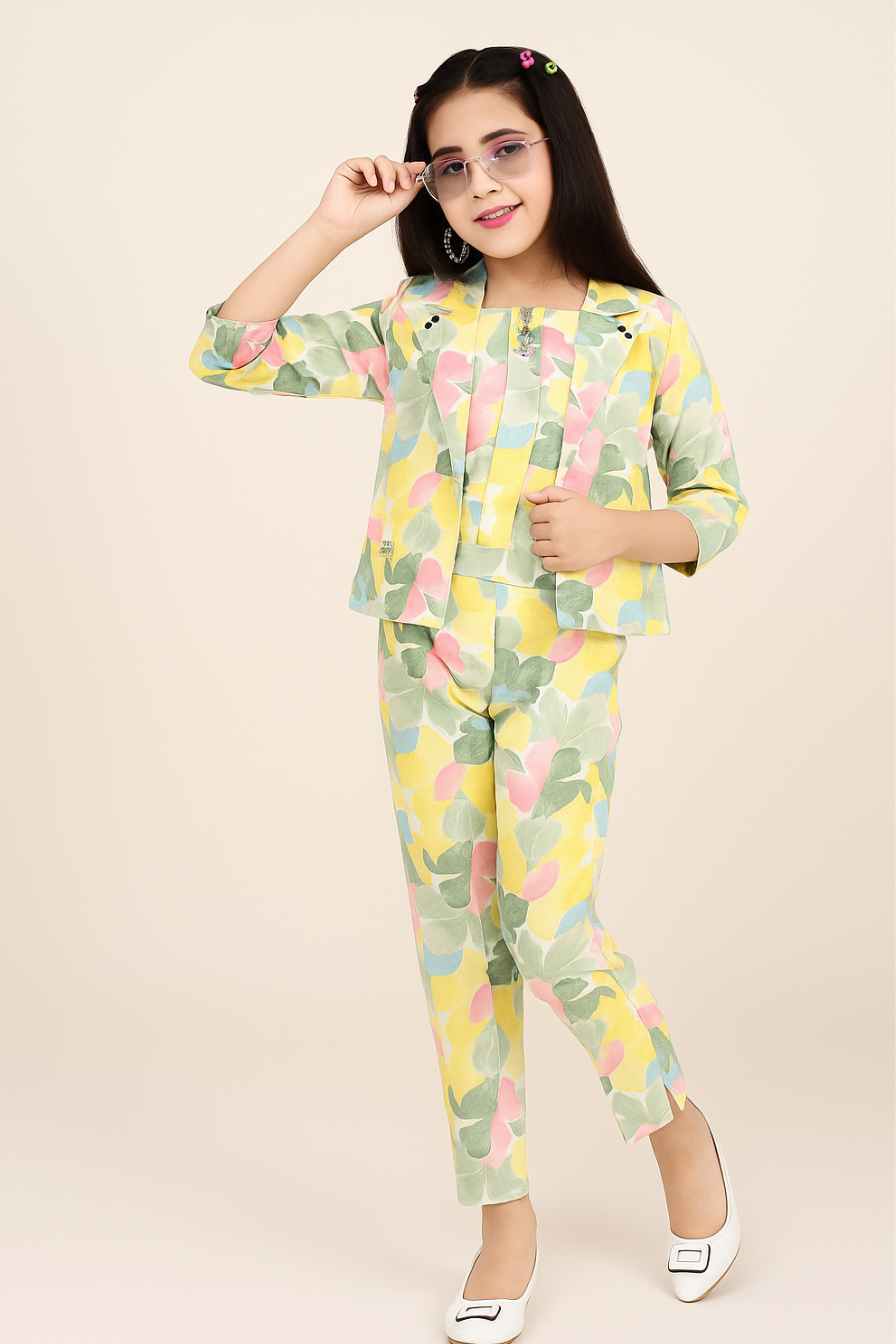 Trendy Multicolor Floral Printed Co Ord Set With Overcoat For Girls