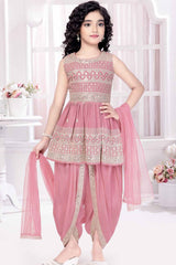 Peach Embroidered And Sequin Work Top With Dhoti Bottom Set For Girls