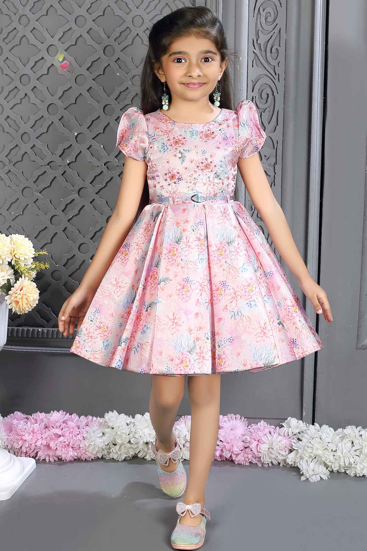 Pink Satin Frock With Floral Printed And Stone Work For Girls