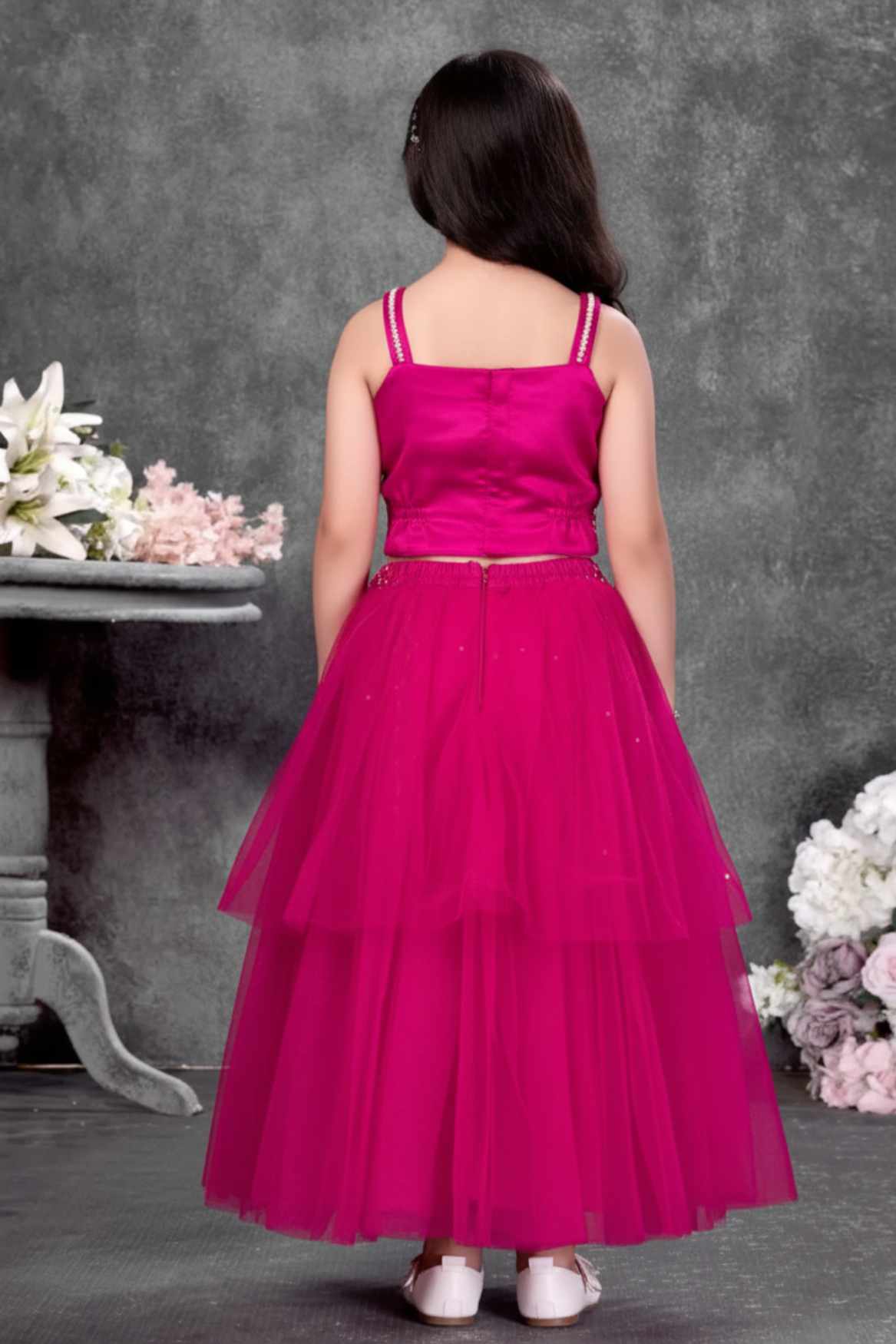 Rani Pink Embroidered Lehenga Choli Set For Girls