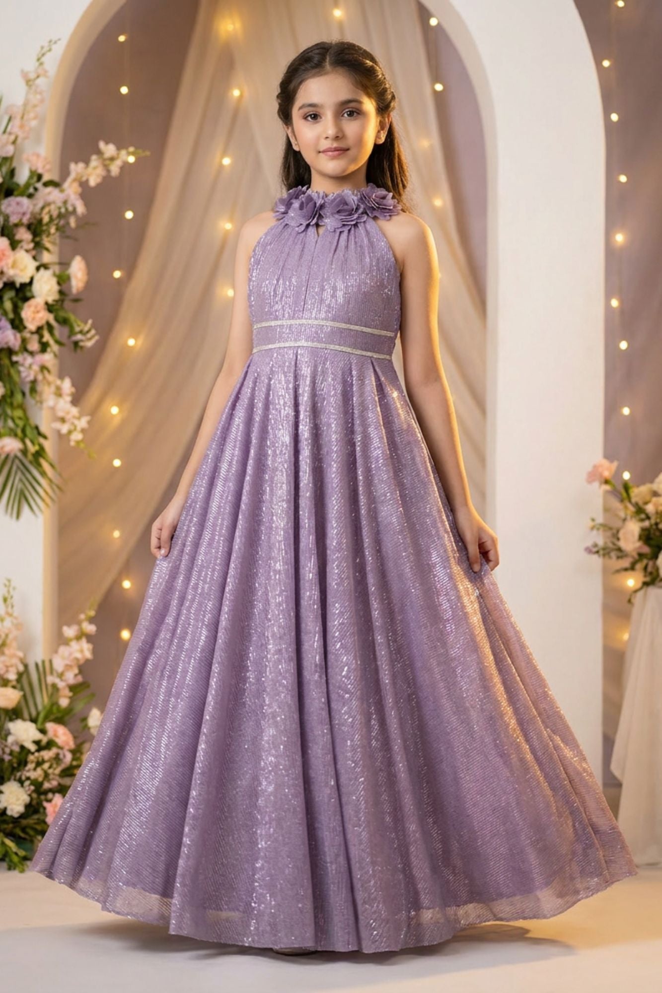 Lavender High-Neck Floral Emblished Party Gown for Girls