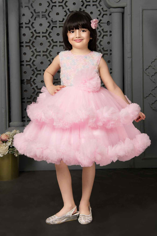 Pastel Pink Frock With Floral Embellishment For Girls