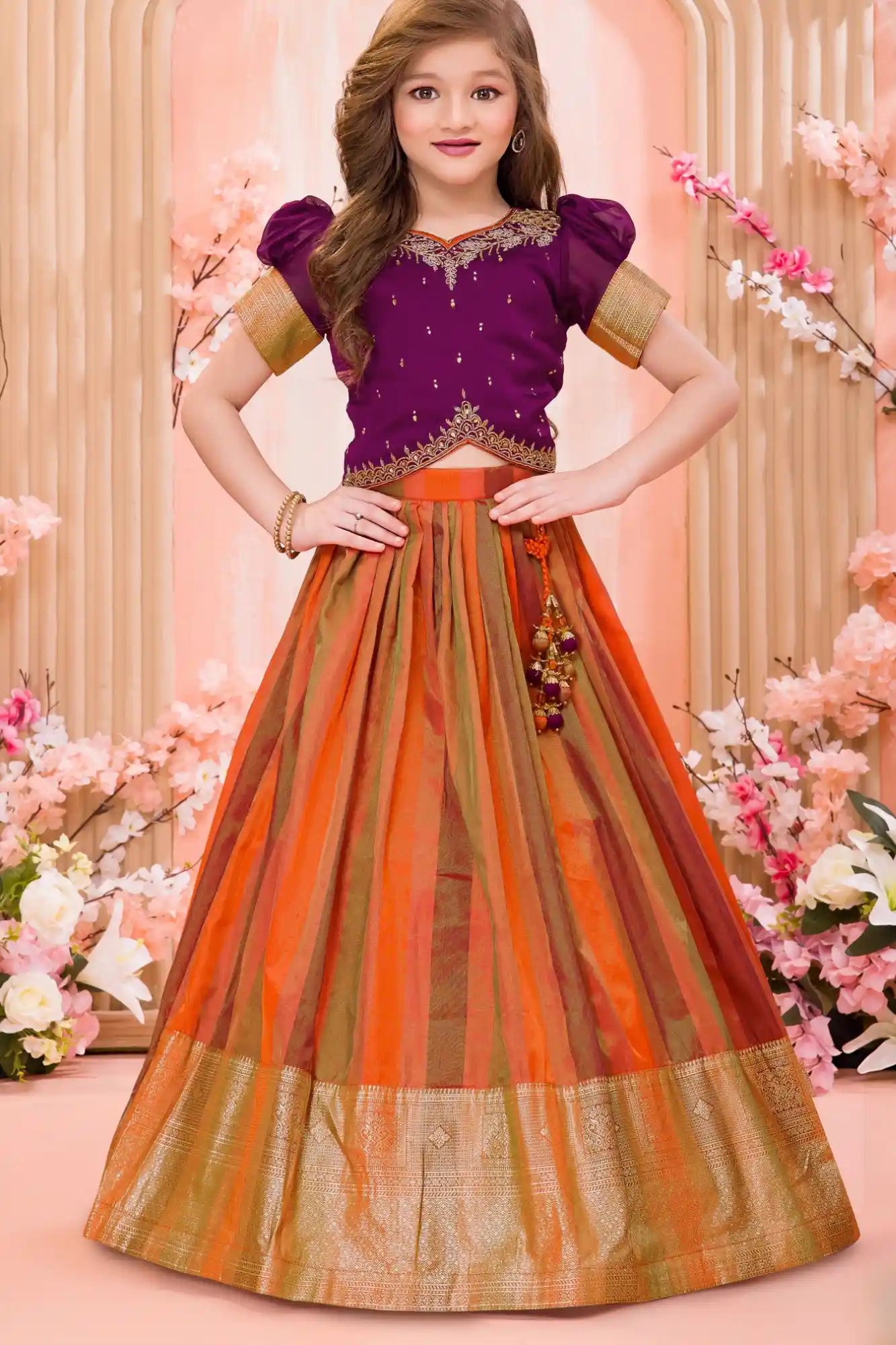 Purple And Rust Silk Pattu Pavadai with Puff Sleeves For Girls