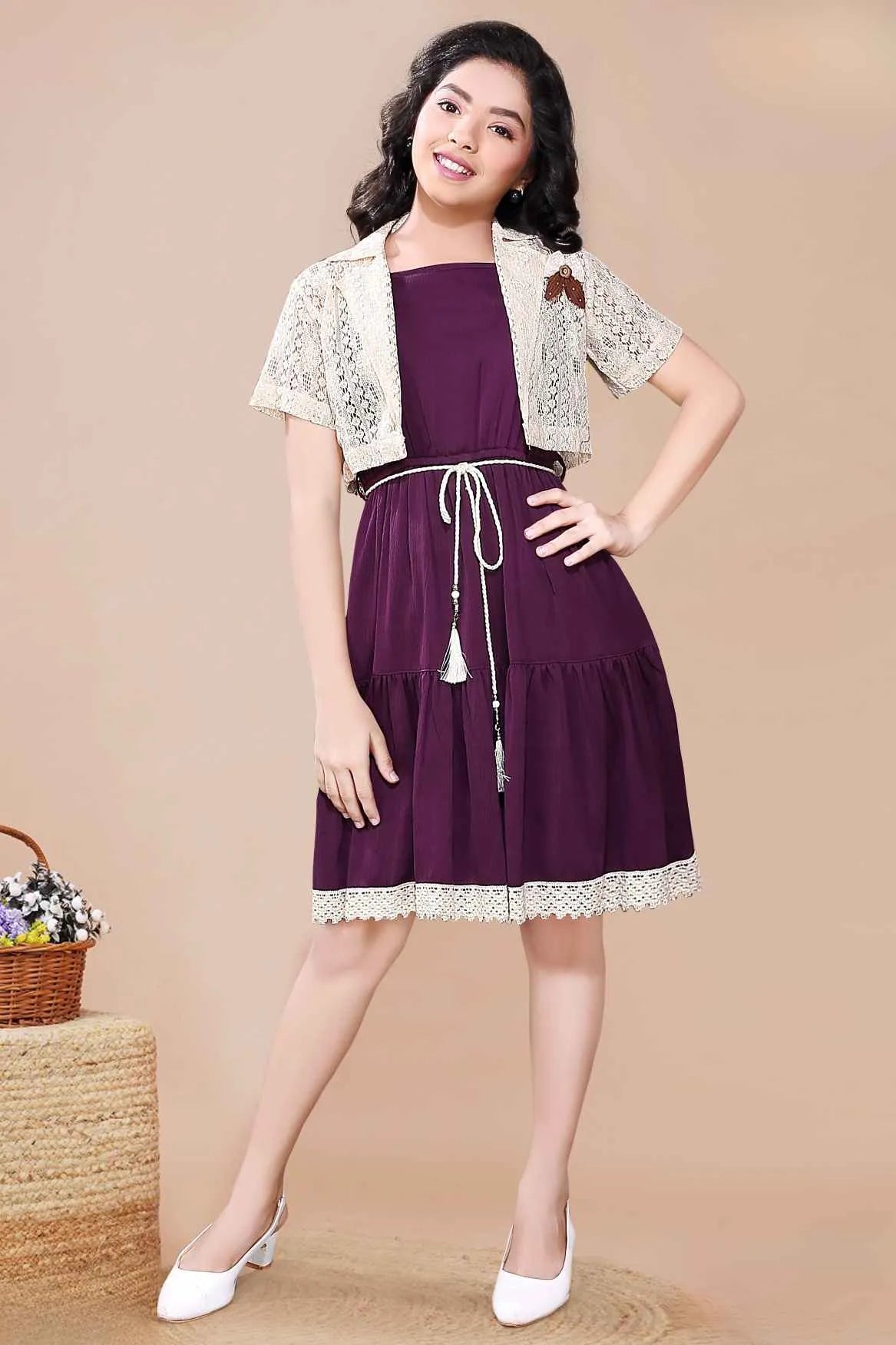 Purple Midi Dress With Lace Shrug  For Girls