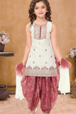 Cream and Rust Patiala Set With Sequins Embroidered Kurti And Dupatta For Girls
