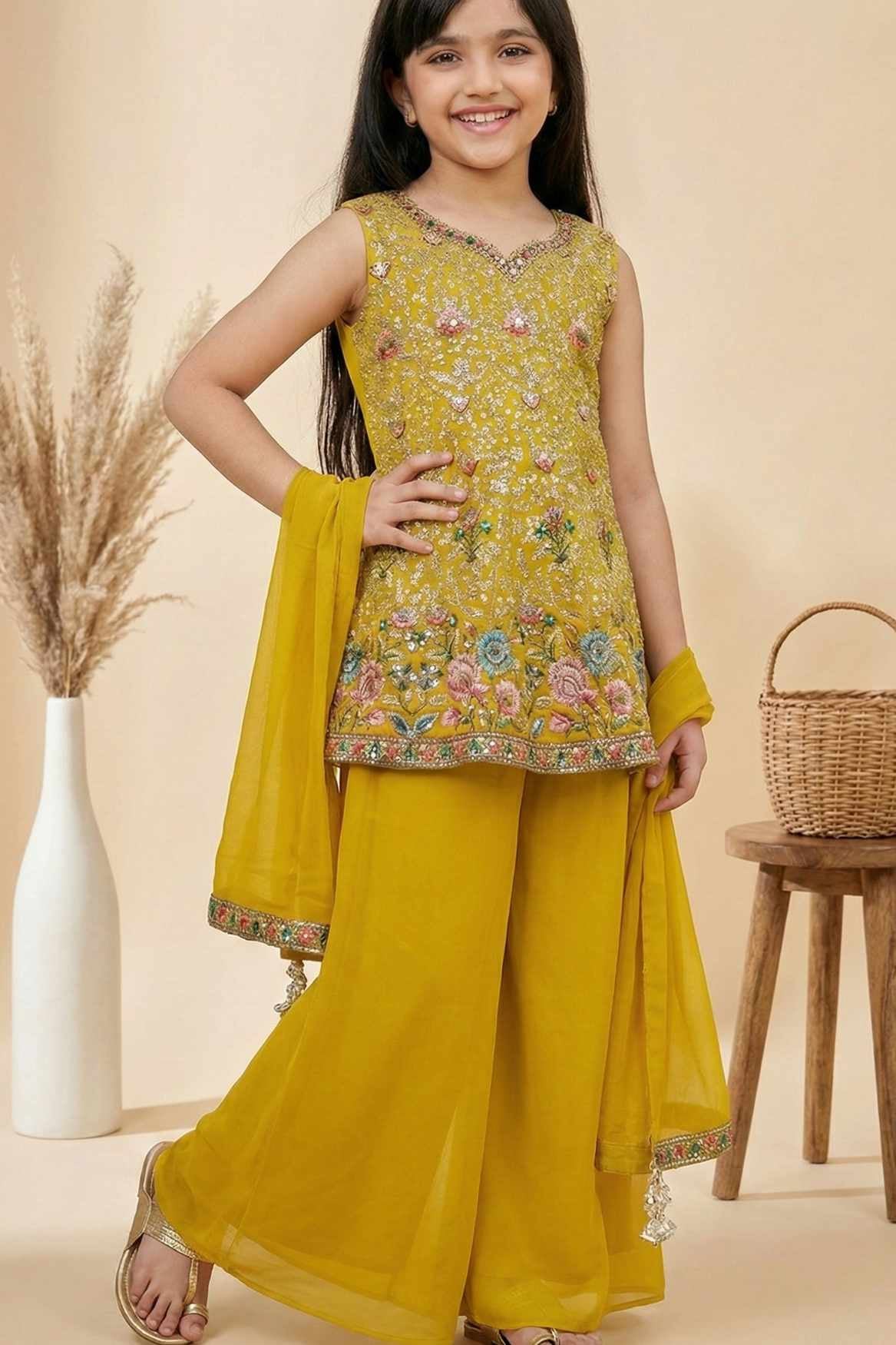 Mustard Yellow Embroidered Palazzo Set with Dupatta For Girls
