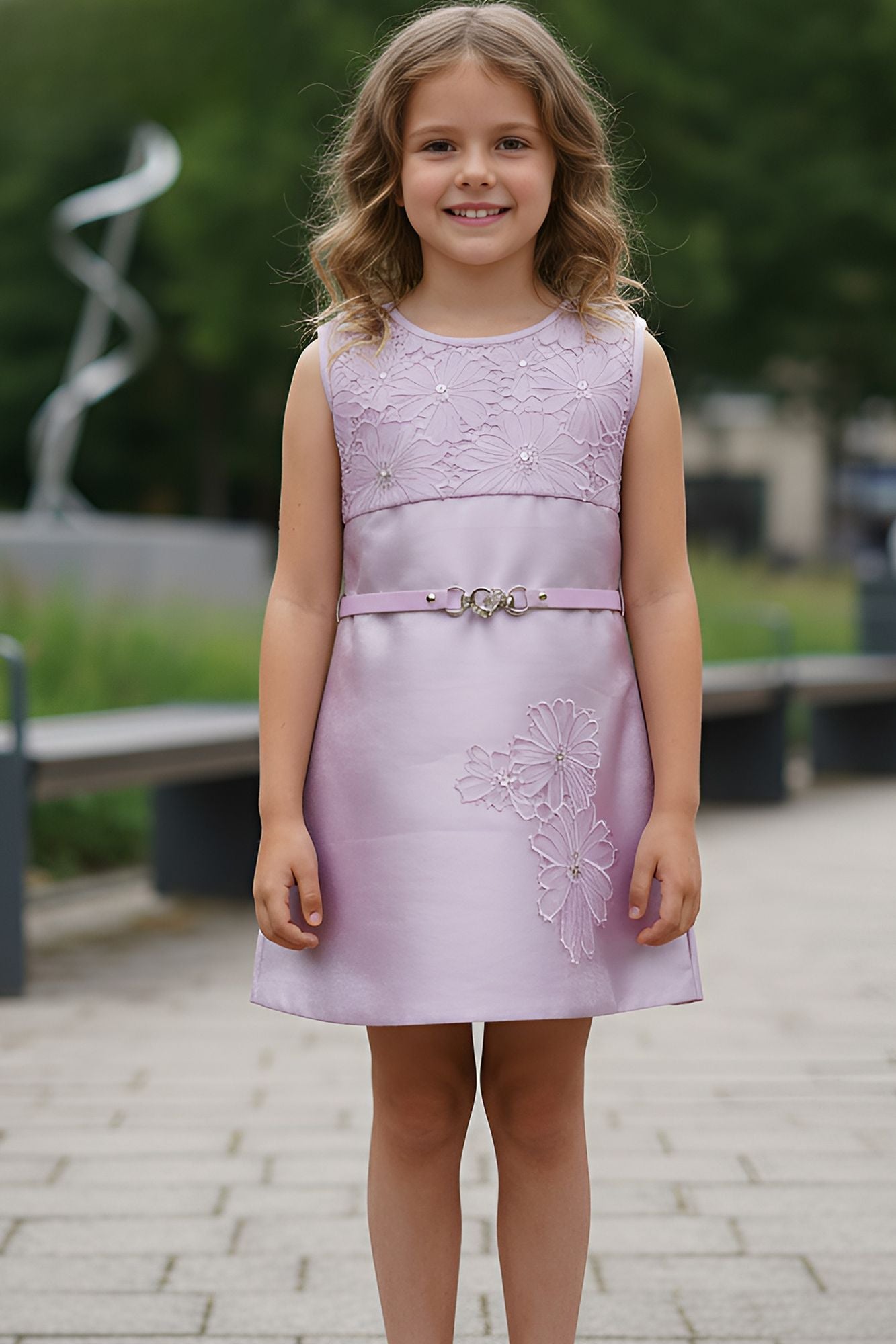 Lavender Floral Embellished Party Dress For Girls