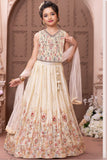 Cream Floral Embroidered Lehenga Choli with Dupatta for Girls
